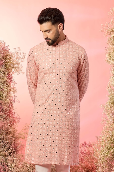 Buy_Kasbah_Peach Georgette Mirrors Classic Work Kurta _Online_at_Aza_Fashions