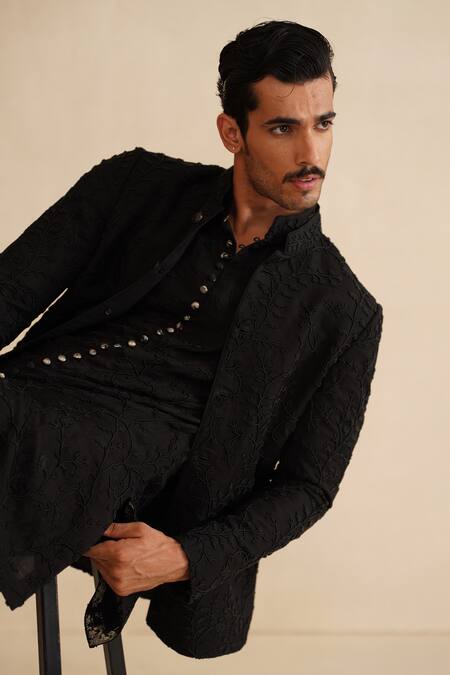 Arjan Dugal_Black Organza, Cotton Satin, Lycra, Silk Embroidery, Beads Bandhgala Set _Online_at_Aza_Fashions