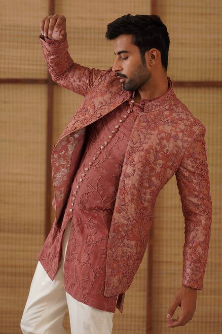 Shop_Arjan Dugal_Brown Organza, Silk, Cotton Satin, Lycra Beads Banarasi Bandhgala Set _Online_at_Aza_Fashions