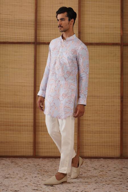 Arjan Dugal_Blue Linen, Cotton Satin, Lycra Floral Printed Kurta Set _at_Aza_Fashions