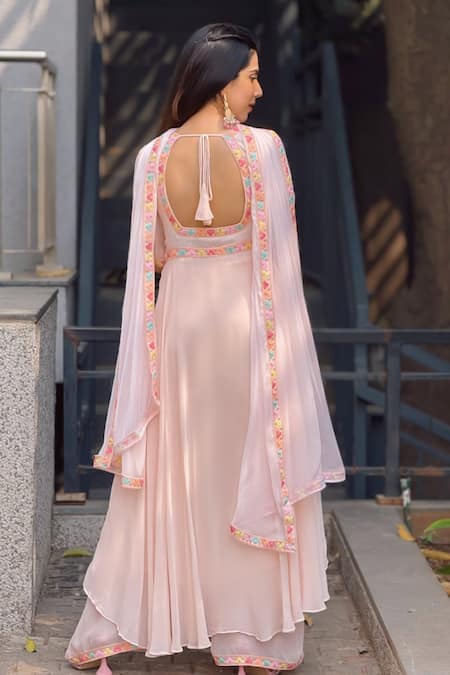 LABEL AISHWARYRIKA Muted Peach Chikankari Anarkali Set 