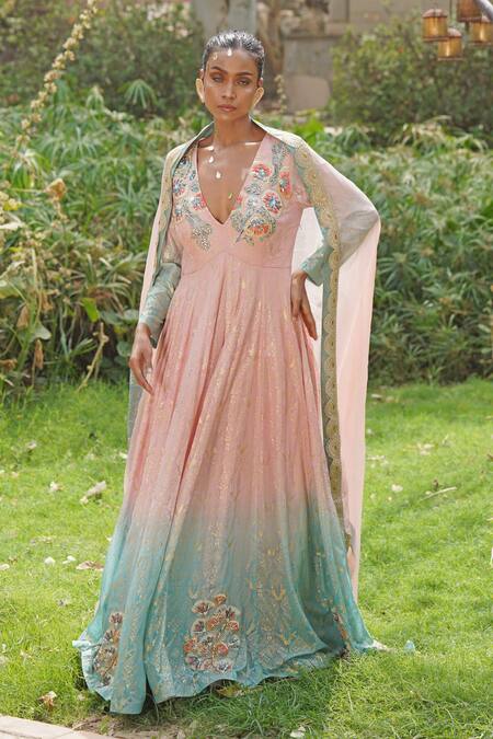Shop_Soniya G_Blush Chiffon, Georgette, Silk Embroidery V-neck Pink Ombre Anarakali Set _Online_at_Aza_Fashions