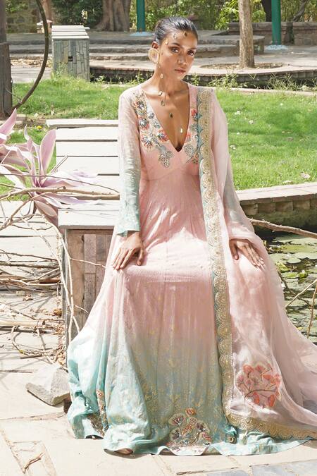 Buy_Soniya G_Blush Chiffon, Georgette, Silk Embroidery V-neck Pink Ombre Anarakali Set 