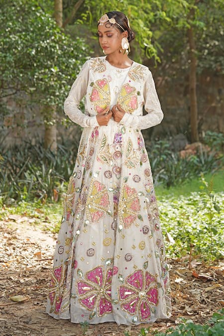 Soniya G Off White Silk, Georgette Sequins, Embroidery Round Anarakali With Short Jacket 