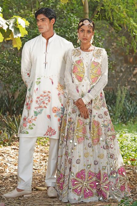 Soniya G_Off White Silk, Georgette Sequins, Embroidery Round Anarakali With Short Jacket _Online_at_Aza_Fashions