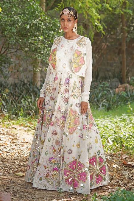 Shop_Soniya G_Off White Silk, Georgette Sequins, Embroidery Round Anarakali With Short Jacket _Online_at_Aza_Fashions