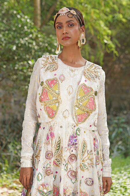 Soniya G_Off White Silk, Georgette Sequins, Embroidery Round Anarakali With Short Jacket _at_Aza_Fashions