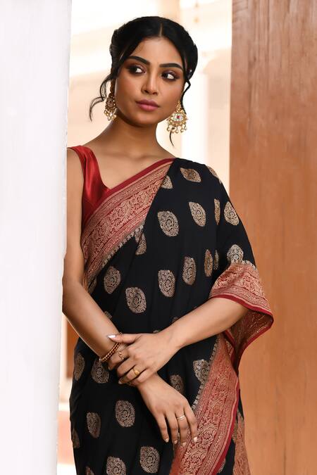 Shop Naaritva India Black Crepe, Chiffon, Silk Handwoven Work Banarasi Saree With Running Blouse Online at Aza Fashions Shop_Naaritva India_Black Crepe, Chiffon, Silk Handwoven Work Banarasi Saree With Running Blouse _Online_at_Aza_Fashions