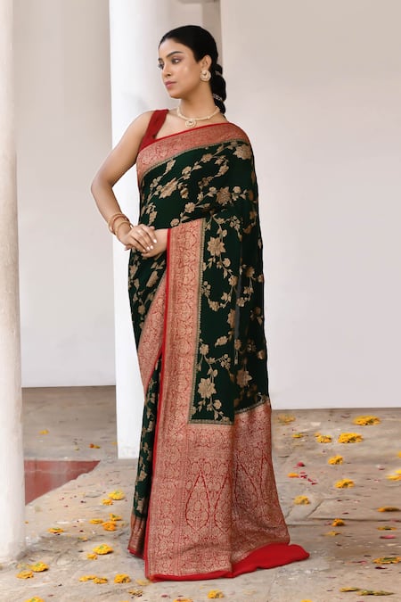 Naaritva India_Green Crepe, Chiffon, Silk Handwoven Work Banarasi Saree With Running Blouse _Online_at_Aza_Fashions