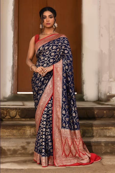 Naaritva India Navy Crepe, Silk, Chiffon Blue Handwoven Banarasi Saree With Running Blouse 