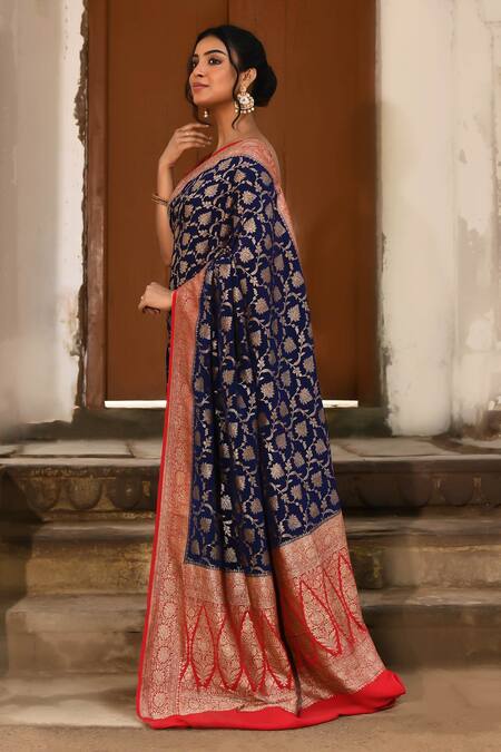 Naaritva India_Navy Crepe, Silk, Chiffon Blue Handwoven Banarasi Saree With Running Blouse _Online_at_Aza_Fashions