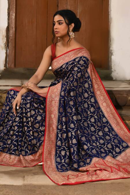 Shop_Naaritva India_Navy Crepe, Silk, Chiffon Blue Handwoven Banarasi Saree With Running Blouse _Online_at_Aza_Fashions