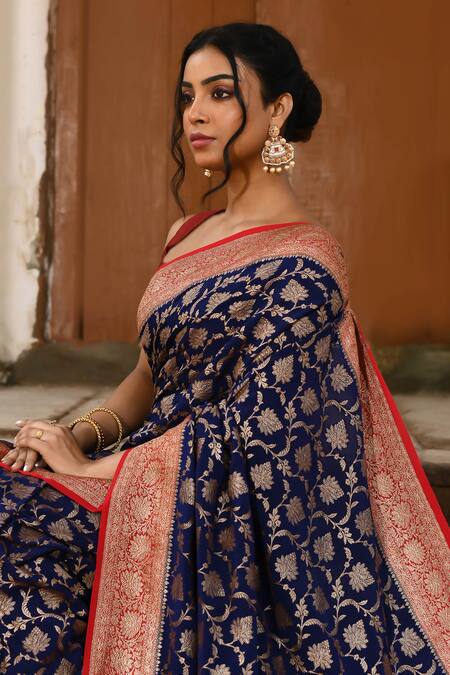 Naaritva India_Navy Crepe, Silk, Chiffon Blue Handwoven Banarasi Saree With Running Blouse _at_Aza_Fashions