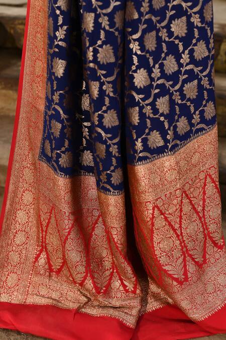 Buy_Naaritva India_Navy Crepe, Silk, Chiffon Blue Handwoven Banarasi Saree With Running Blouse 