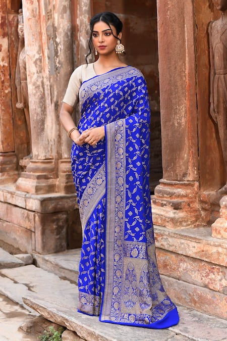 Naaritva India Blue Crepe, Chiffon, Silk Handwoven Work Banarasi Saree With Running Blouse 