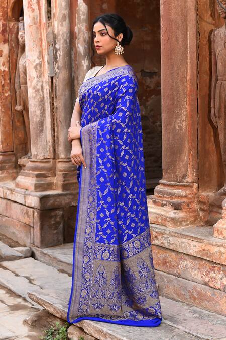 Buy_Naaritva India_Blue Crepe, Chiffon, Silk Handwoven Work Banarasi Saree With Running Blouse _Online_at_Aza_Fashions