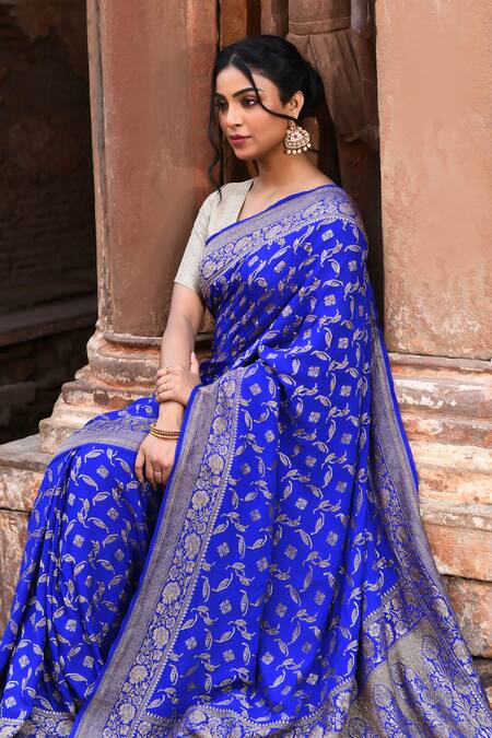 Shop_Naaritva India_Blue Crepe, Chiffon, Silk Handwoven Work Banarasi Saree With Running Blouse _Online_at_Aza_Fashions