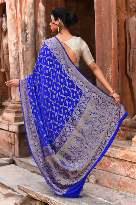 Shop_Naaritva India_Blue Crepe, Chiffon, Silk Handwoven Work Banarasi Saree With Running Blouse _at_Aza_Fashions