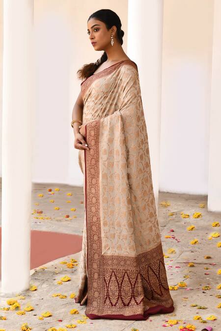 Buy_Naaritva India_Cream Crepe, Chiffon, Silk Handwoven Work Banarasi Saree With Running Blouse _Online_at_Aza_Fashions