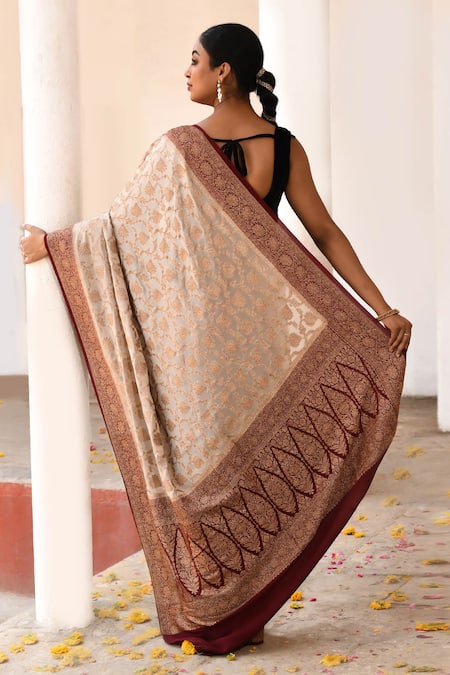 Naaritva India Handwoven Zari Work Cream Banarasi Saree With Running Blouse 