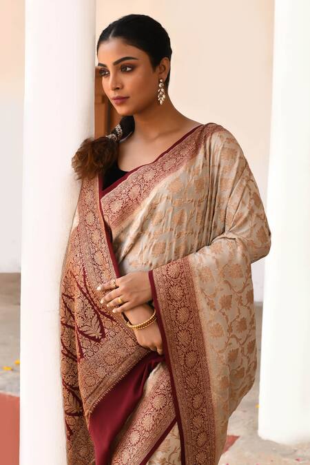 Naaritva India_Cream Crepe, Chiffon, Silk Handwoven Work Banarasi Saree With Running Blouse _at_Aza_Fashions