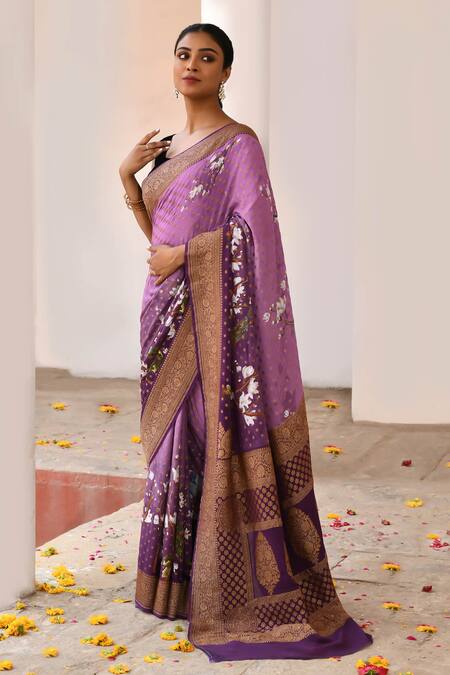 Buy_Naaritva India_Purple Crepe, Chiffon, Silk Plum Handwoven Banarasi Saree With Running Blouse _Online_at_Aza_Fashions