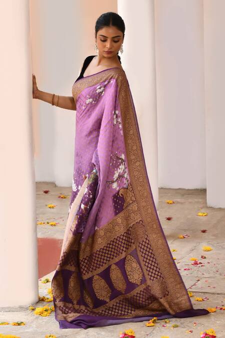 Shop_Naaritva India_Purple Crepe, Chiffon, Silk Plum Handwoven Banarasi Saree With Running Blouse _Online_at_Aza_Fashions