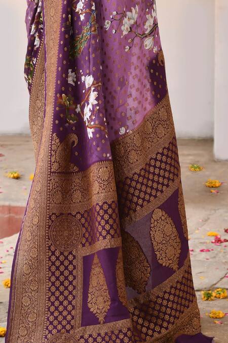Naaritva India_Purple Crepe, Chiffon, Silk Plum Handwoven Banarasi Saree With Running Blouse _at_Aza_Fashions