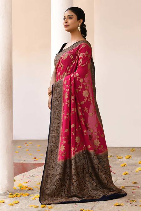 Naaritva India_Fuchsia Crepe, Chiffon, Silk Zari Handwoven Banarasi Saree With Running Blouse _Online_at_Aza_Fashions