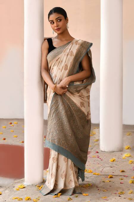 Shop_Naaritva India_Ivory Crepe, Chiffon, Silk Zari Handwoven Banarasi Saree With Running Blouse _Online_at_Aza_Fashions
