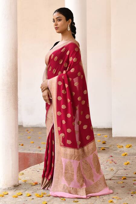 Buy_Naaritva India_Red Crepe, Chiffon, Silk Handwoven Work Banarasi Saree With Running Blouse _Online_at_Aza_Fashions