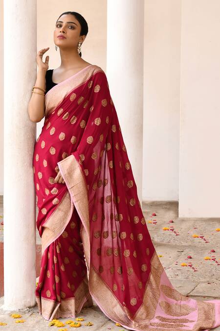 Shop_Naaritva India_Red Crepe, Chiffon, Silk Handwoven Work Banarasi Saree With Running Blouse _Online_at_Aza_Fashions