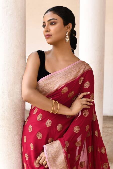 Naaritva India_Red Crepe, Chiffon, Silk Handwoven Work Banarasi Saree With Running Blouse _at_Aza_Fashions