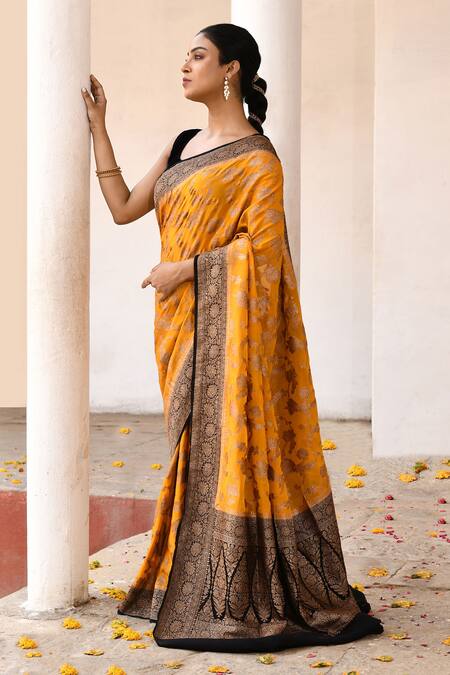 Buy_Naaritva India_Yellow Crepe, Chiffon, Silk Handwoven Work Banarasi Saree With Running Blouse _Online_at_Aza_Fashions