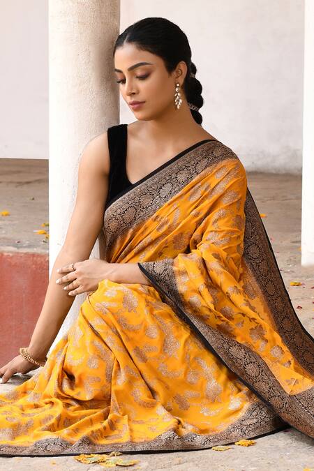 Shop_Naaritva India_Yellow Crepe, Chiffon, Silk Handwoven Work Banarasi Saree With Running Blouse _Online_at_Aza_Fashions