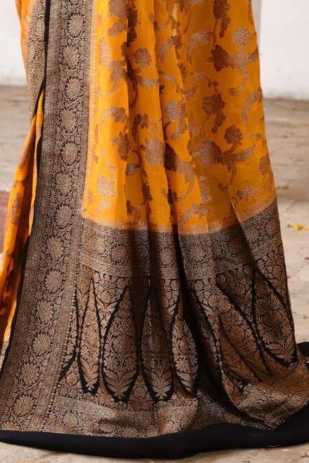 Naaritva India_Yellow Crepe, Chiffon, Silk Handwoven Work Banarasi Saree With Running Blouse _at_Aza_Fashions