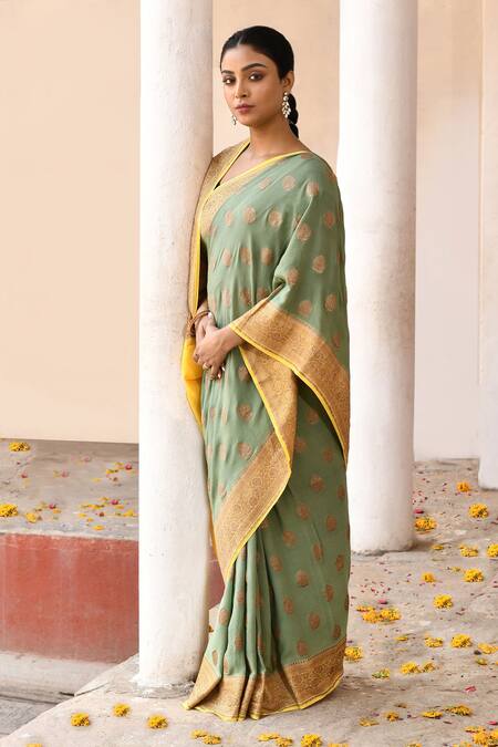 Buy_Naaritva India_Green Crepe, Chiffon, Silk Grass Handwoven Banarasi Saree With Running Blouse _Online_at_Aza_Fashions