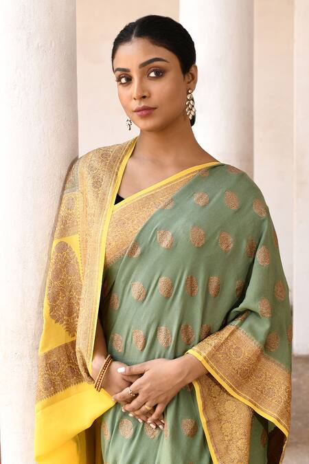 Shop_Naaritva India_Green Crepe, Chiffon, Silk Grass Handwoven Banarasi Saree With Running Blouse _Online_at_Aza_Fashions