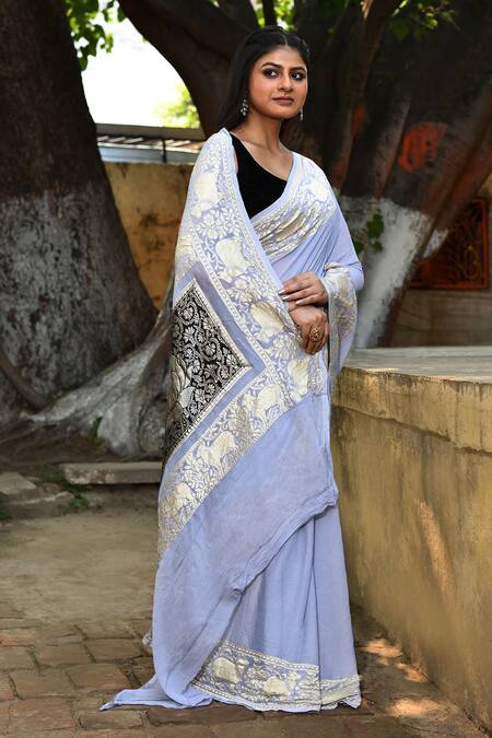 Naaritva India_Silver Crepe, Silk, Chiffon Handwoven Work Banarasi Saree With Running Blouse _at_Aza_Fashions