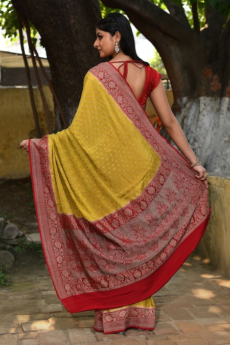 Naaritva India Handwoven Zari Yellow Banarasi Saree With Running Blouse 