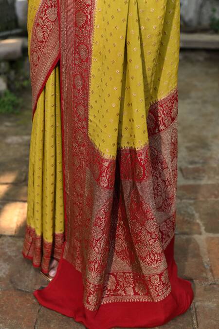 Naaritva India_Yellow Crepe, Chiffon, Silk Zari Handwoven Banarasi Saree With Running Blouse _at_Aza_Fashions
