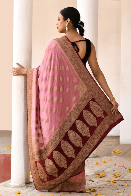 Naaritva India Handwoven Zari Work Pink Banarasi Saree With Running Blouse 