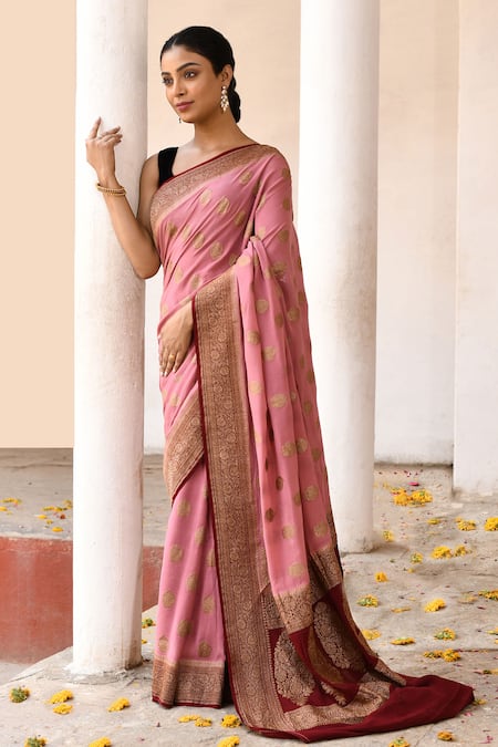 Shop_Naaritva India_Pink Crepe, Chiffon, Silk Handwoven Work Banarasi Saree With Running Blouse _Online_at_Aza_Fashions