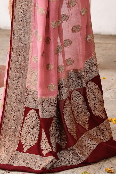 Buy_Naaritva India_Pink Crepe, Chiffon, Silk Handwoven Work Banarasi Saree With Running Blouse 