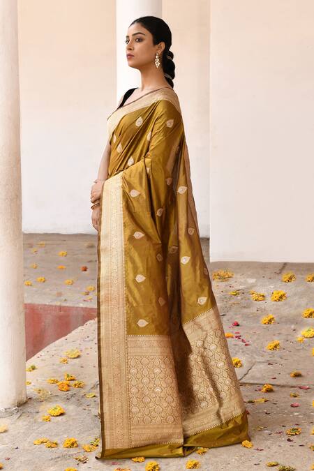 Buy_Naaritva India_Mustard Zari Handwoven Yellow Banarasi Saree With Running Blouse _Online_at_Aza_Fashions