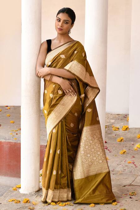 Shop_Naaritva India_Mustard Zari Handwoven Yellow Banarasi Saree With Running Blouse _Online_at_Aza_Fashions
