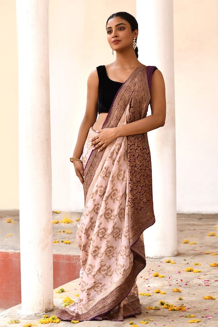 Buy_Naaritva India_Ivory Crepe, Chiffon, Silk Zari Handwoven Banarasi Saree With Running Blouse _Online_at_Aza_Fashions