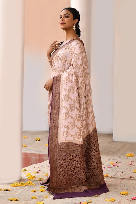 Shop_Naaritva India_Ivory Crepe, Chiffon, Silk Zari Handwoven Banarasi Saree With Running Blouse _Online_at_Aza_Fashions