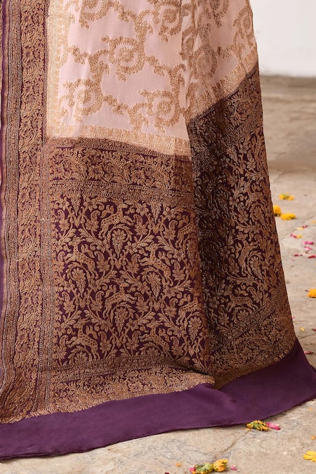 Naaritva India_Ivory Crepe, Chiffon, Silk Zari Handwoven Banarasi Saree With Running Blouse _at_Aza_Fashions