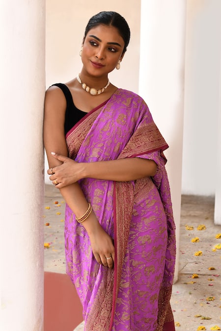 Shop_Naaritva India_Pink Chiffon, Silk, Crepe Hot Handwoven Banarasi Saree With Running Blouse _Online_at_Aza_Fashions